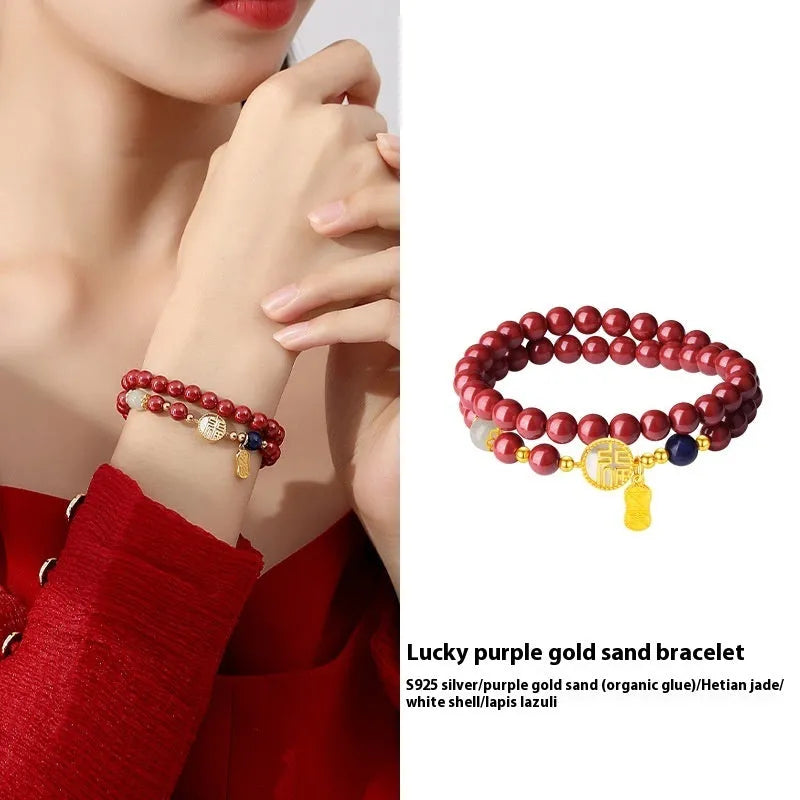 Women's 925 sterling silver bracelet with blessing card, cinnabar charm, white shell accents and engraved characters