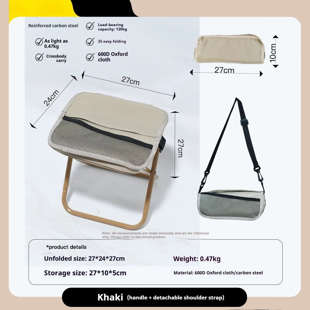 A foldable camp stool made from oxford cloth, shown in a khaki colour, folded into its compact pencil box shape.