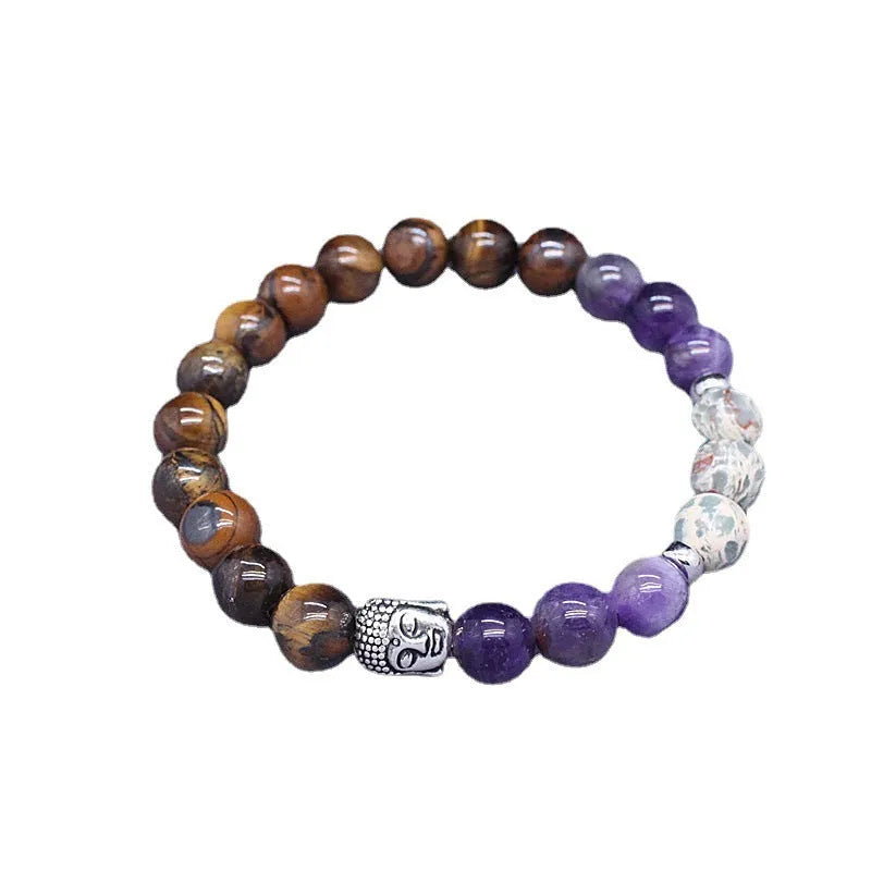 Natural stone agate mixed colour elastic bracelet unisex with black agate and tigereye beads on white background