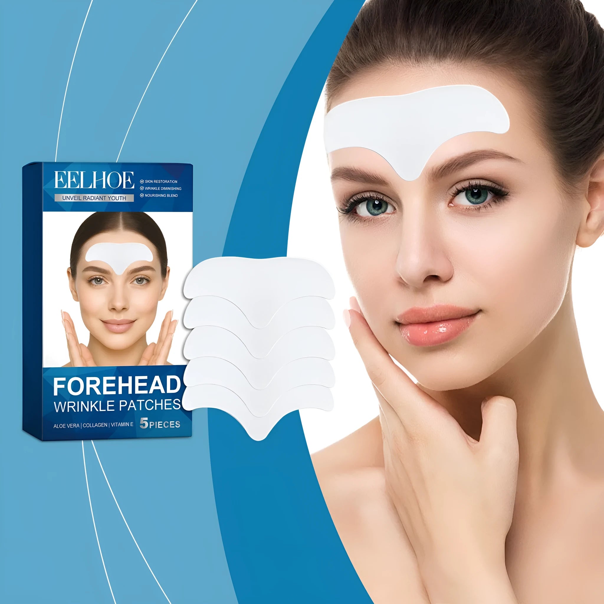 Pack of 5 forehead nourishing and moisturising skincare patches on non-woven fabric.