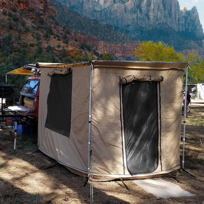 Black glue waterproof single-layer camping tent with aluminium poles and Oxford cloth base.