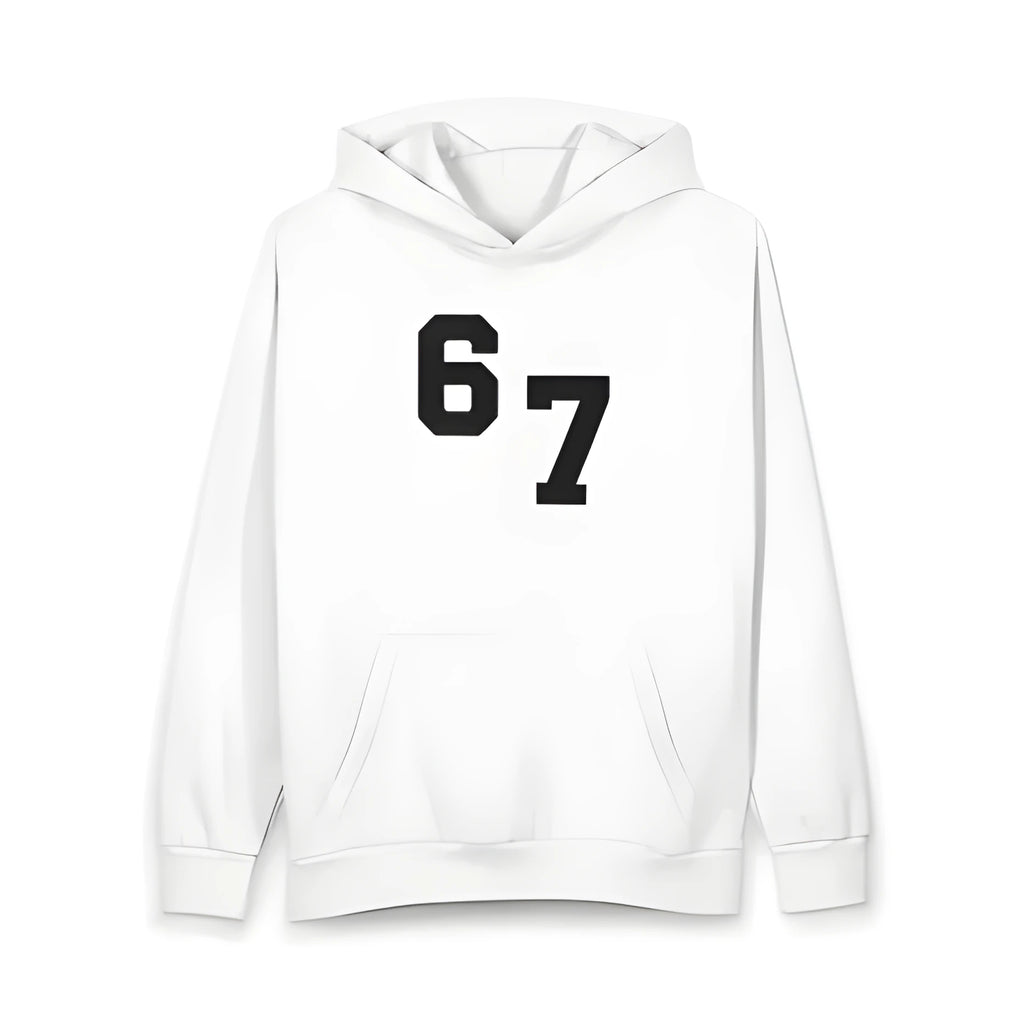 Solid white cotton pullover sweatshirt with embroidery and print, loose fit, long sleeves