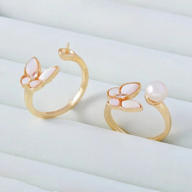14K gold-plated C-type ring with white shell butterfly pearl and clear zircon stones on adjustable open band