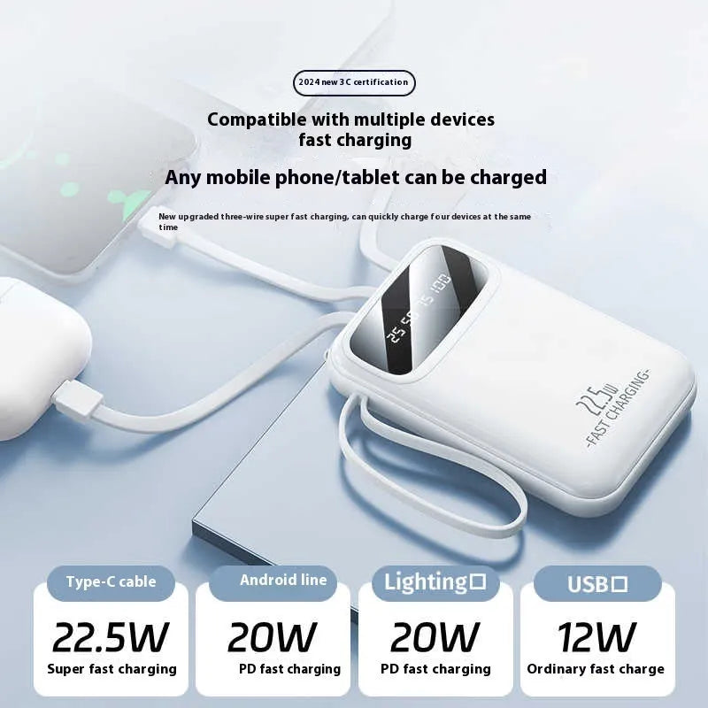 Moon White portable power bank 20000mAh 22.5W with screen and built-in cable on table