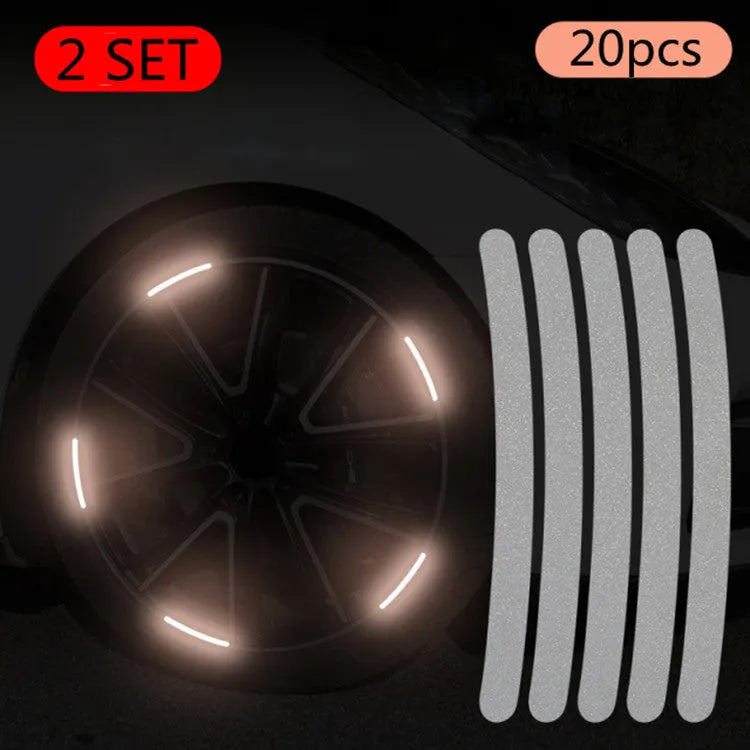 Pack of 20 arc-shaped PVC reflective stickers for car wheel hubs in multiple colour options