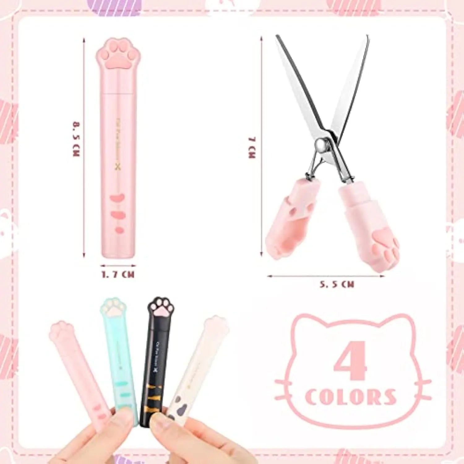 Cat paw design mini folding safety scissors in four colours: black, blue, pink, and white.