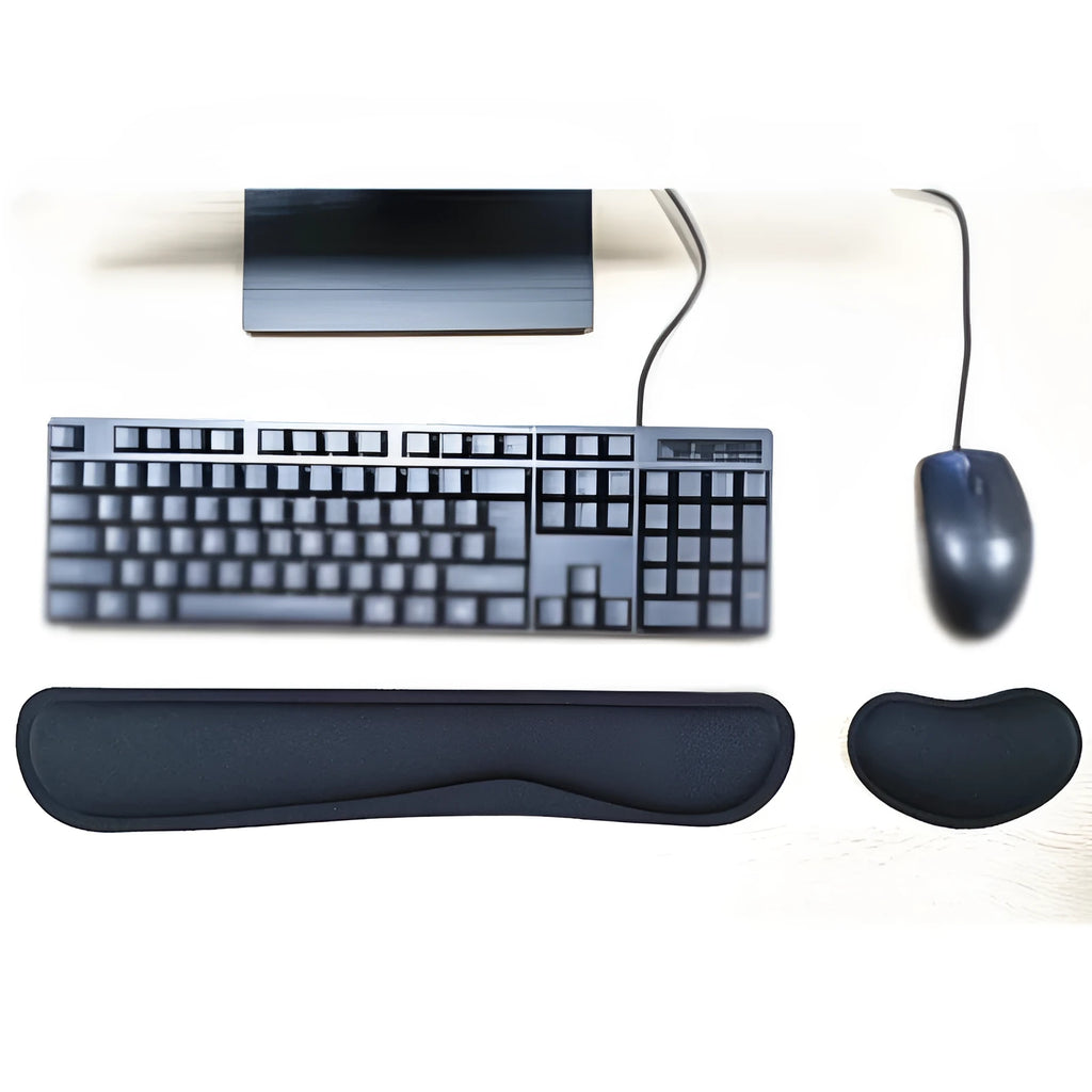 Memory foam wireless keyboard wrist rest mouse pad in black, non-slip rubber base, 460x85x25mm size