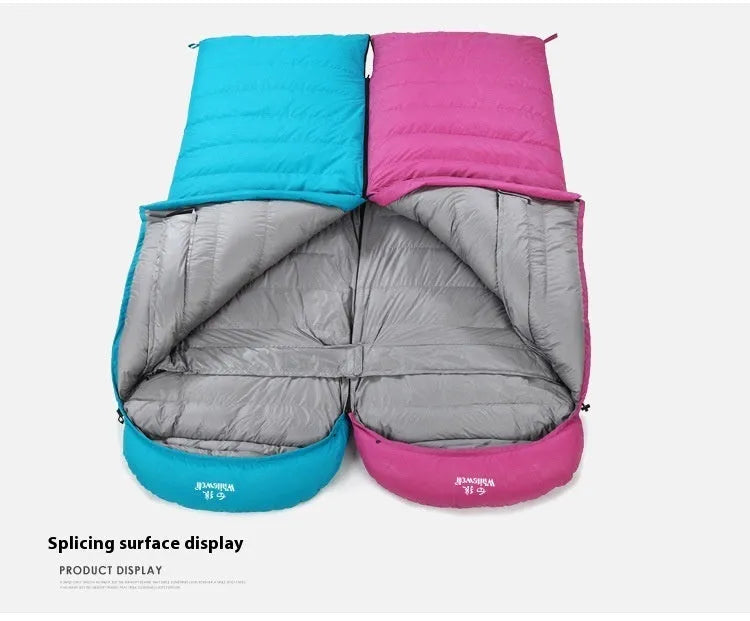 Black outdoor sleeping bag with envelope design, filled with white goose down for camping.