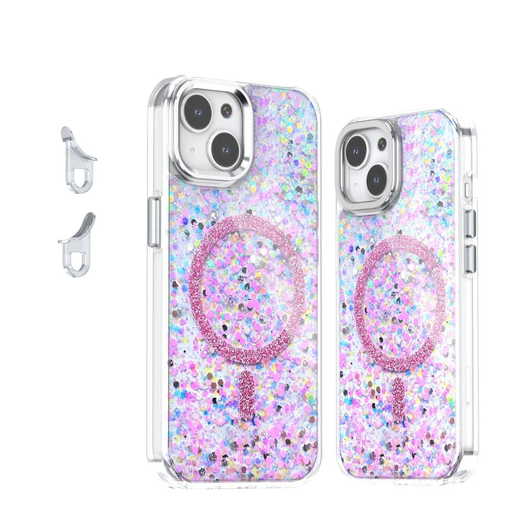 Creative Sequins Glitter Epoxy Magnetic Phone Case for Apple iPhone, transparent back with glitter, compatible with IP12-IP16 models