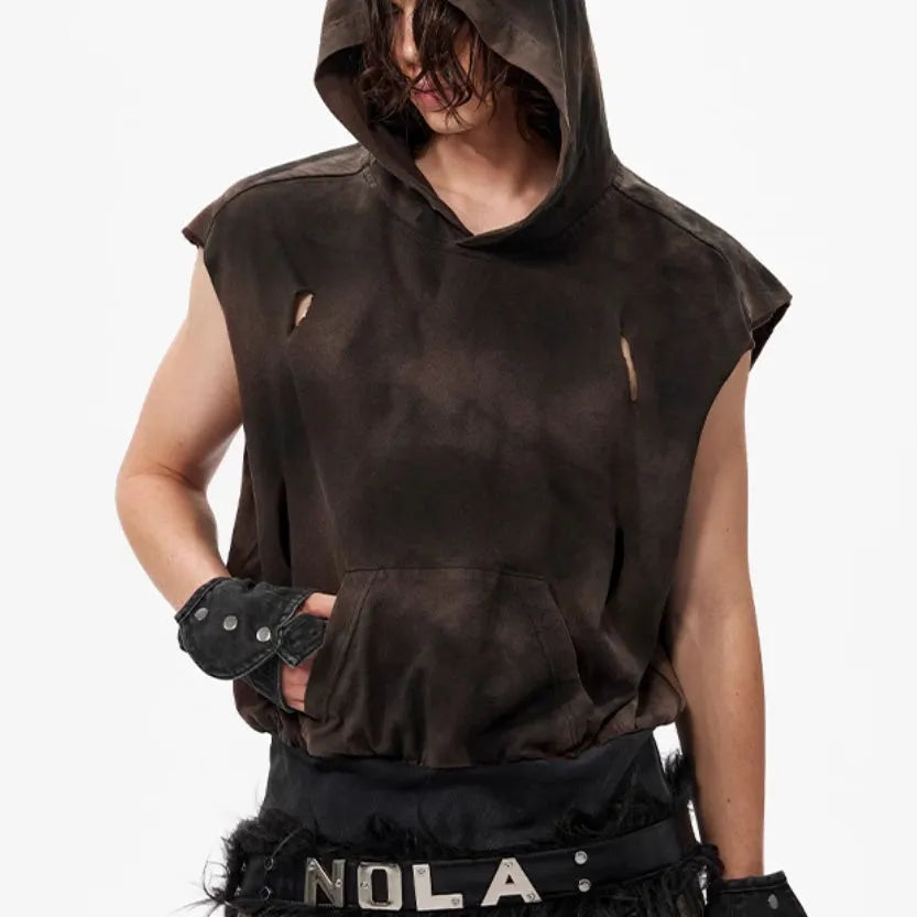 Khaki coloured cotton short-sleeve hood vest on a hanger