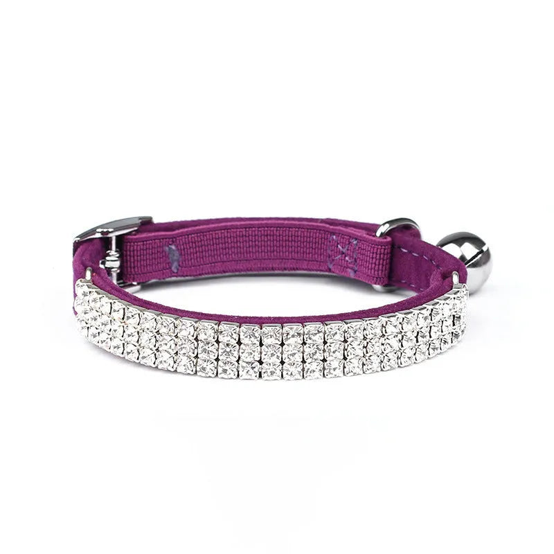 Rhinestone decorated suede velvet cat collar adjustable from 20 to 30 centimetres
