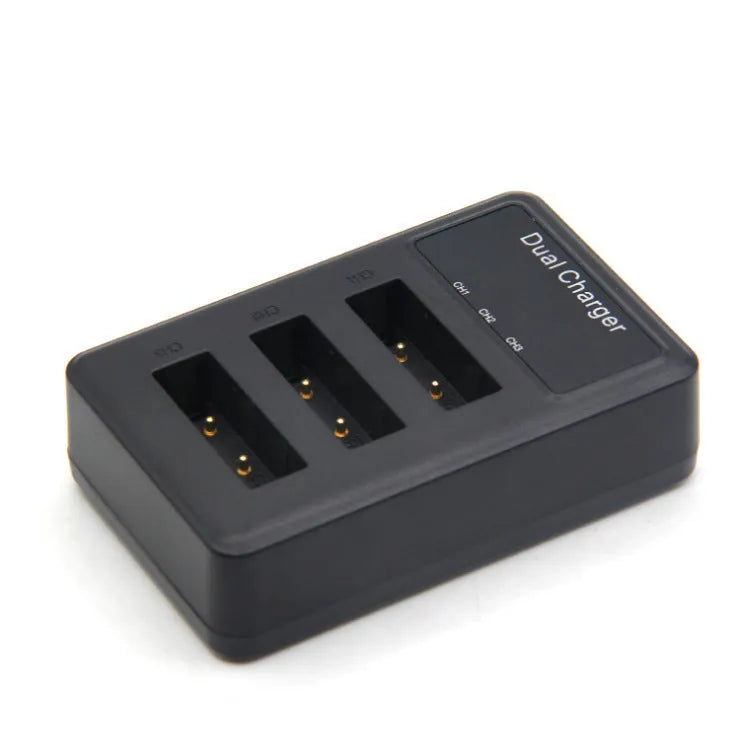 Vertical USB charger for digital camera, black, three slots, Micro-USB input, anti-slip base