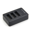 Vertical USB charger for digital camera, black, three slots, Micro-USB input, anti-slip base