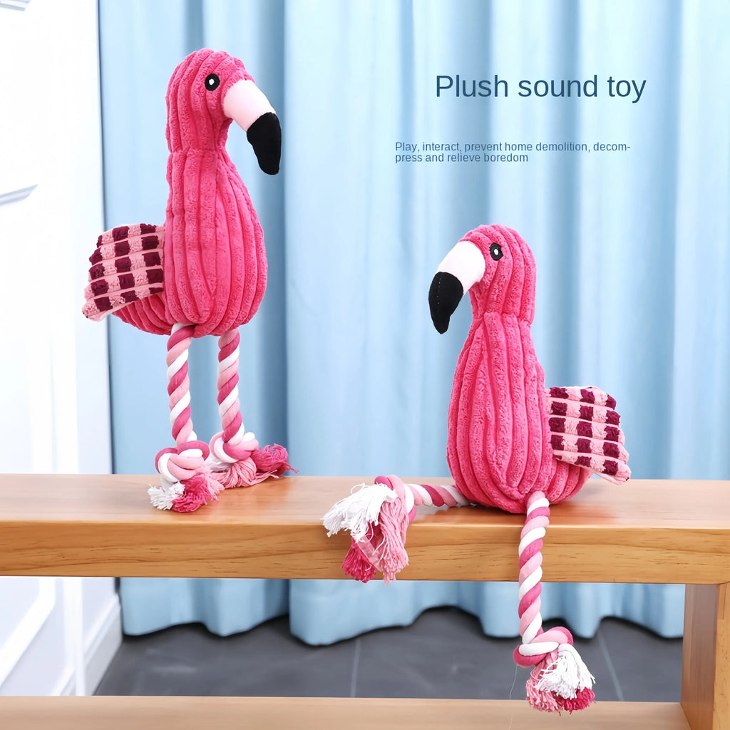Pink corduroy animal-shaped squeaky dog toy with reinforced stitching