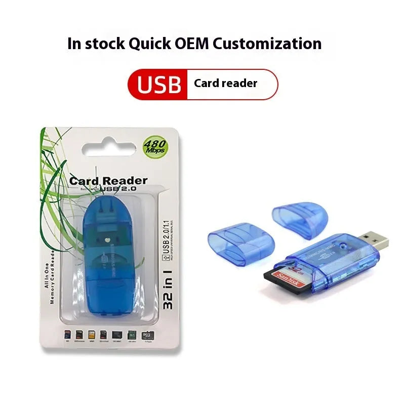 Transparent plastic USB card reader with optional LED light showing SD card slots