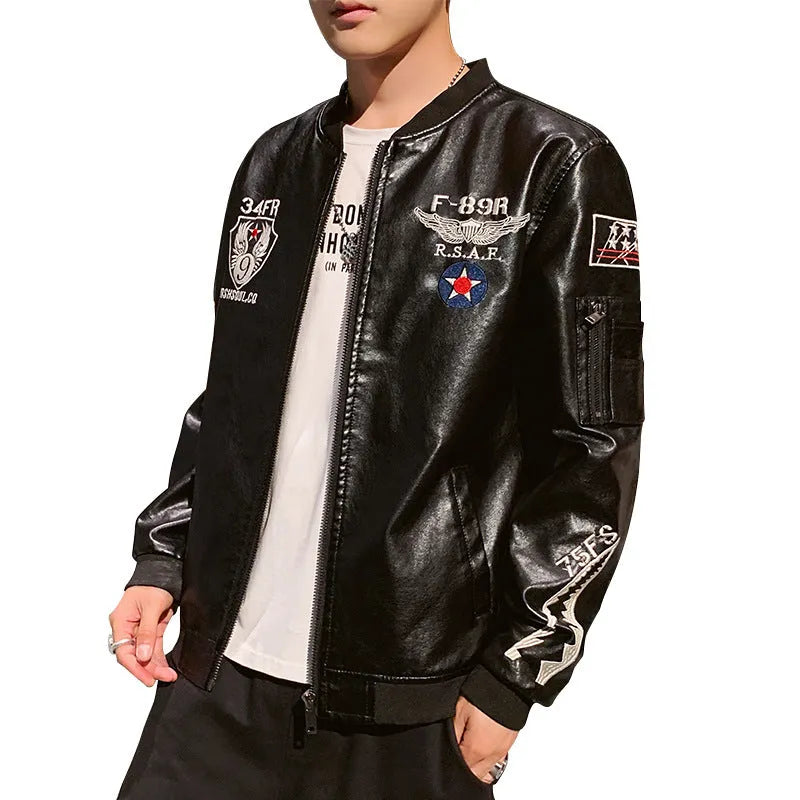 Men's embroidered PU leather motorcycle jacket in black with standing collar and zipper front