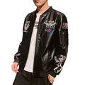 Men's embroidered PU leather motorcycle jacket in black with standing collar and zipper front