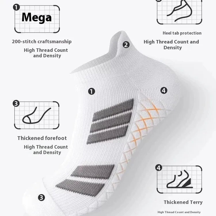 Men's outdoor running basketball socks with towel massage footbed, available in black short and white long lengths, polyester cotton blend