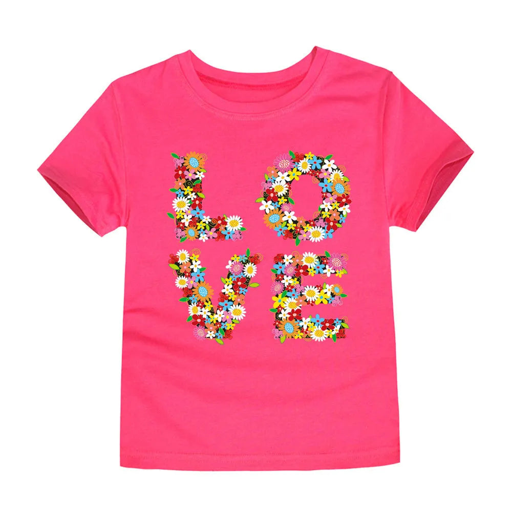 Children's cotton knitted cartoon heat press round neck short sleeve T-shirt in TTTG7 colour on child model