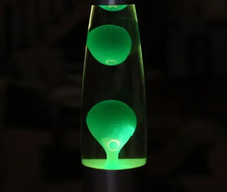 Metal bottom lava lamp with glass bottle on aluminium base, 33 cm tall