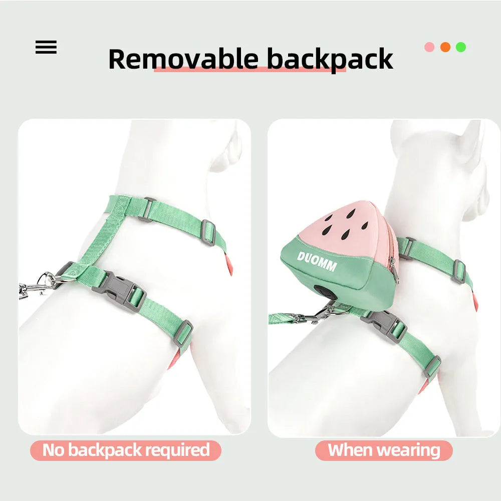 Pet backpack chest strap harness with anti-slip traction rope in green colour