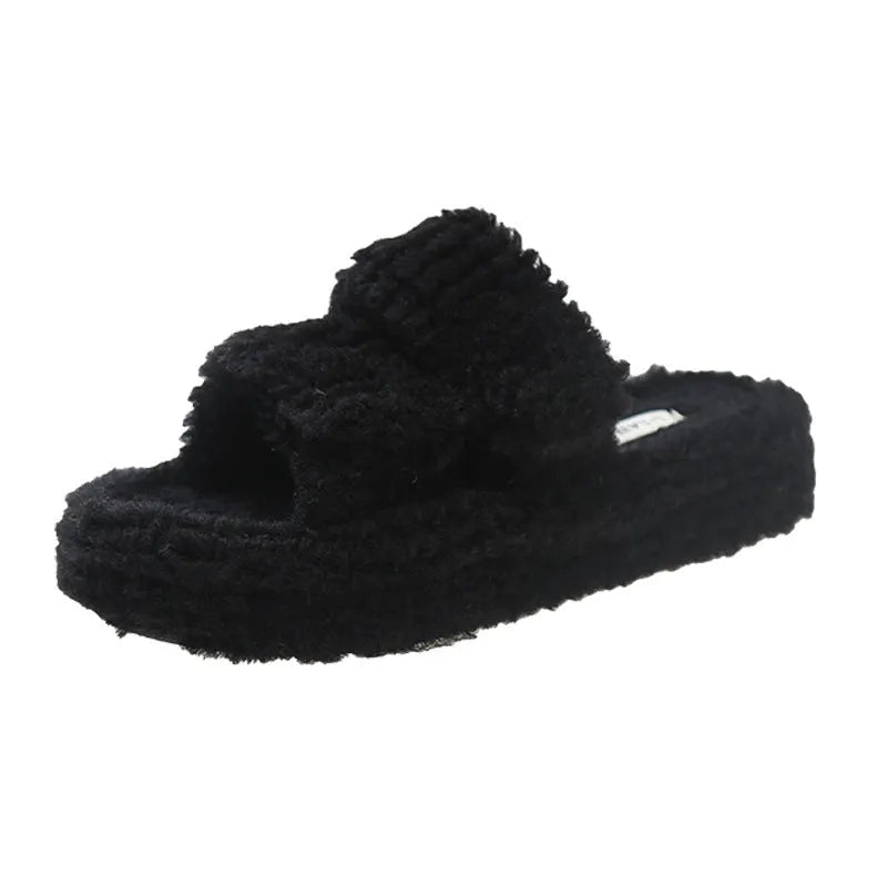 Winter slippers with plush upper, artificial wool lining, rubber sole, round toe, in white black or milk tea colour