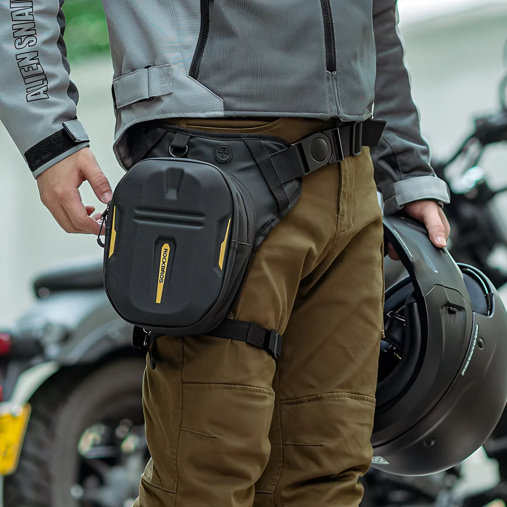 Black waterproof polyester TPU motorcycle leg bag with minimalist design
