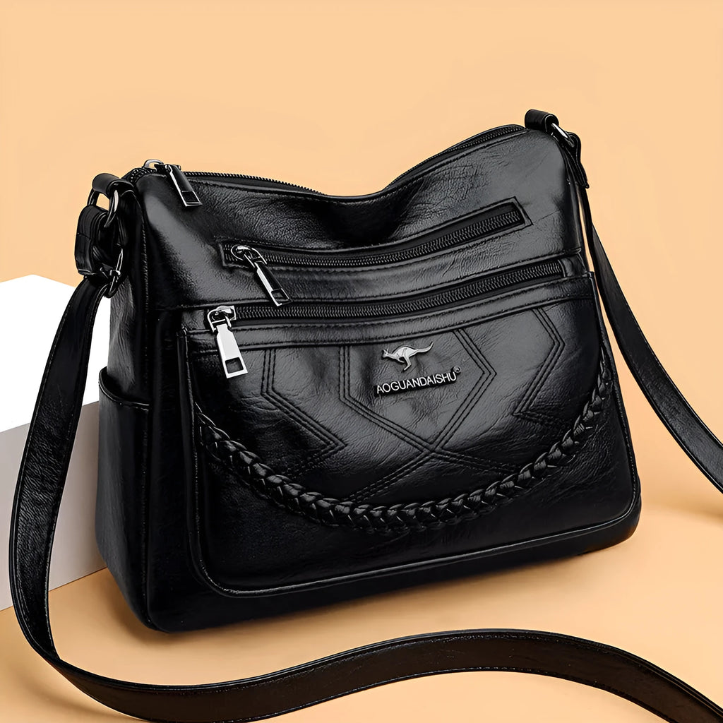 Women's soft PU leather shoulder bag with crossbody strap in horizontal square shape