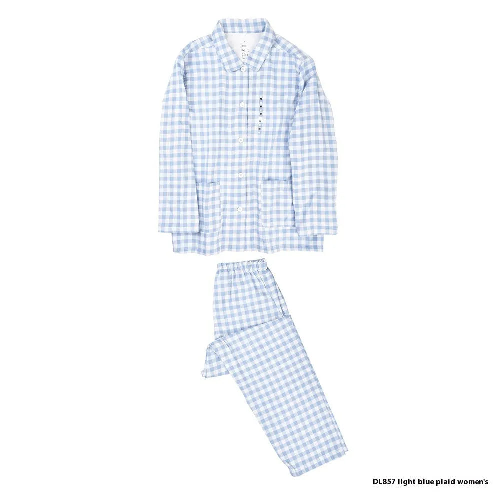 Double-layer cotton yarn pajama set in plaid design for men and women, includes top and trousers in multiple colours