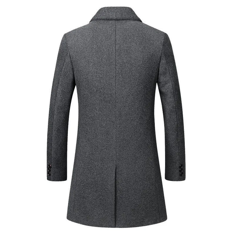 Men's long woolen trench coat in dark navy double-breasted with notch lapel