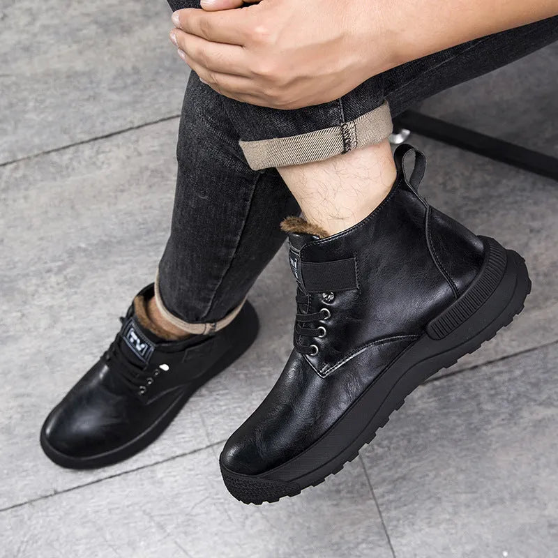 Men's black and brown Martin high-top platform boots with artificial PU uppers and rubber soles