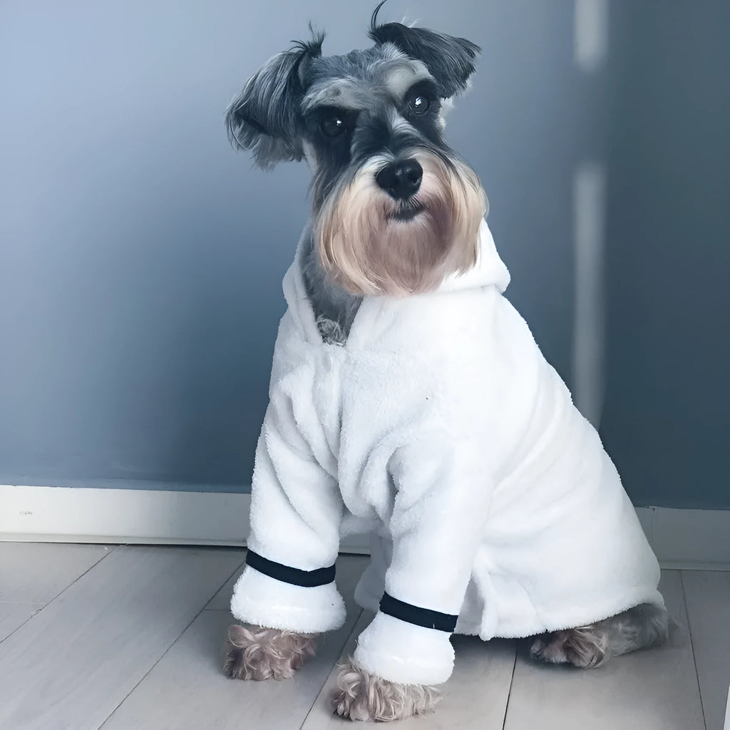 White polyester pet bathrobe robe for dogs and cats on a white background showing front view with tie closure