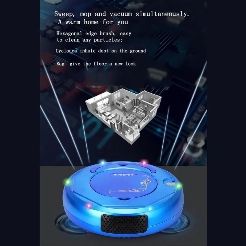 Lazy Smart floor sweeping robot vacuum cleaner in black, blue, white, blue light or white light