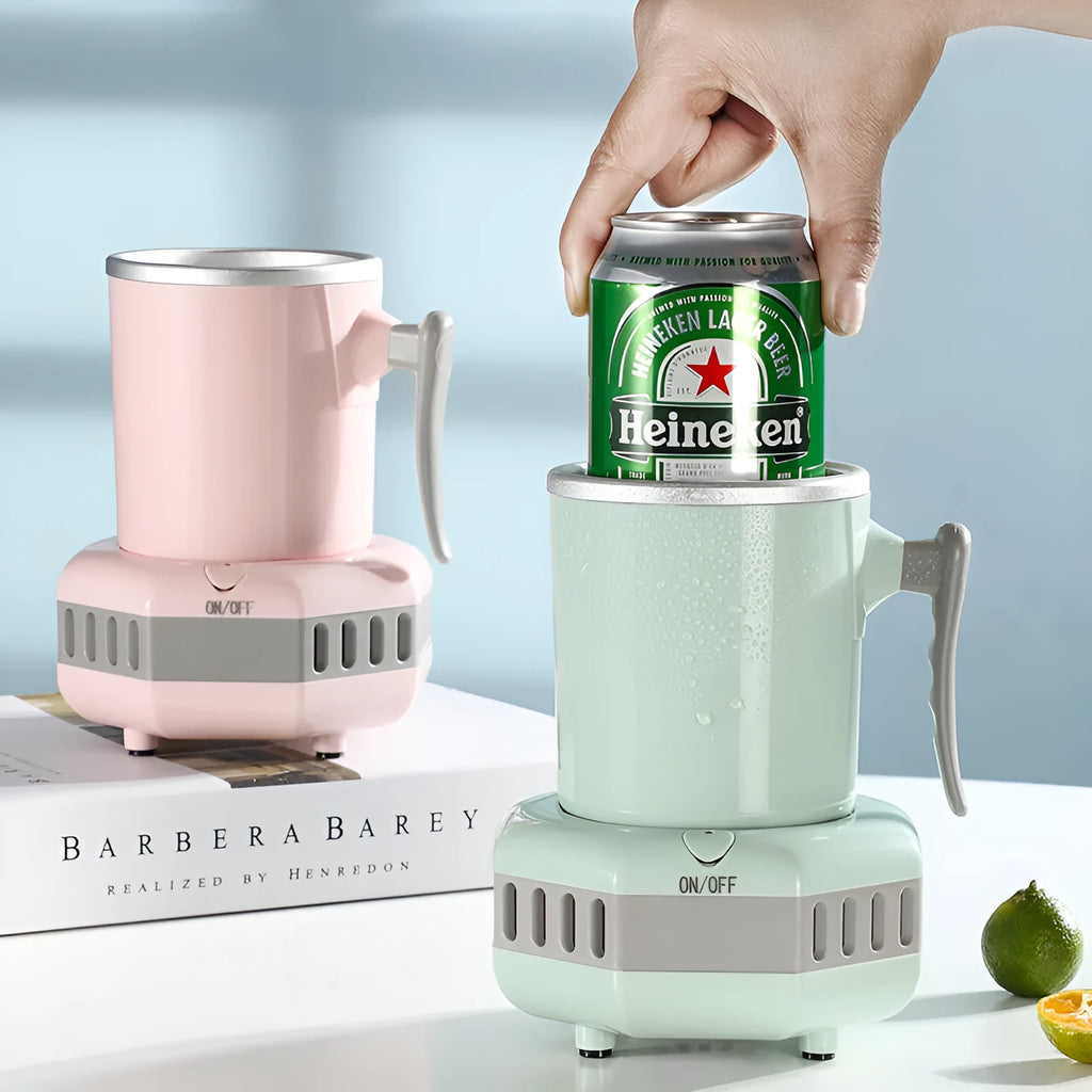 White mini cooling cup with semiconductor refrigeration base on desk