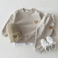 Children's cotton bear round neck sweater and trousers two piece set in yellow, dark blue, brown, pink, light gray