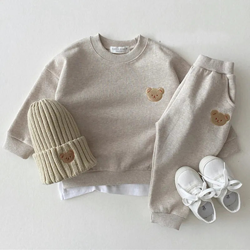 Children's cotton bear round neck sweater and trousers two piece set in yellow, dark blue, brown, pink, light gray