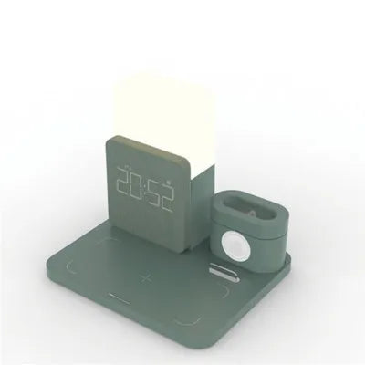 A folding 3-in-1 wireless charger stand for an iPhone, Apple Watch, and AirPods in dark green