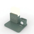 A folding 3-in-1 wireless charger stand for an iPhone, Apple Watch, and AirPods in dark green