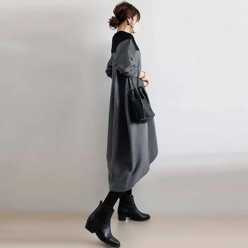 Loose oversized round neck patchwork dress for women, long flutter sleeves, high waist pencil skirt, grey or army green