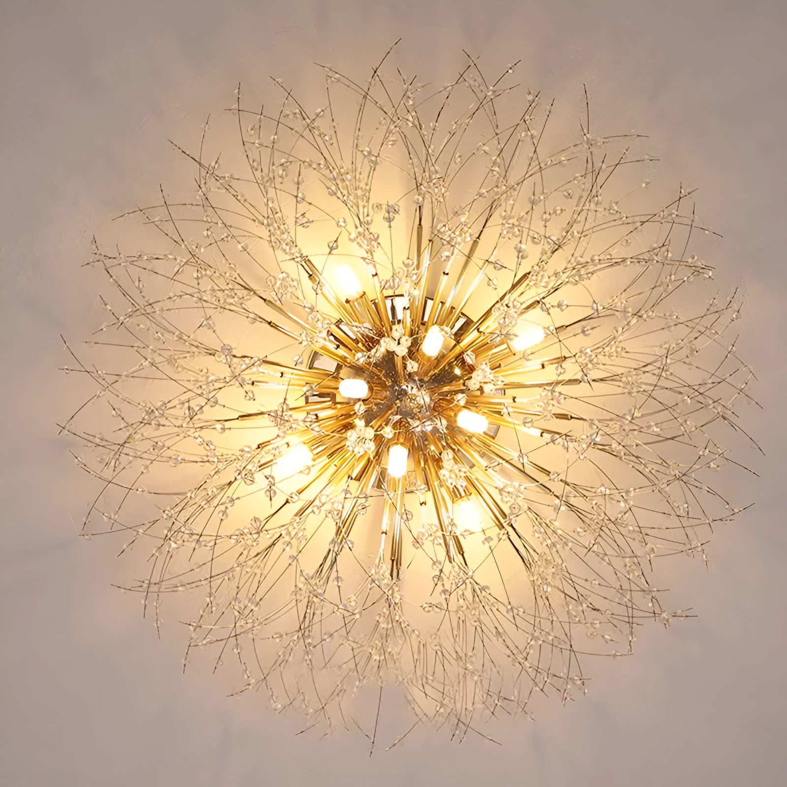 Round dandelion crystal ceiling lamp with four chrome heads and a 40cm diameter