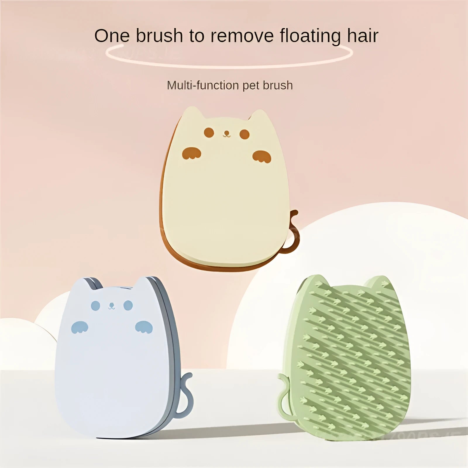 Brown sponge silicone pet hair removal brush with comb teeth on a wooden surface