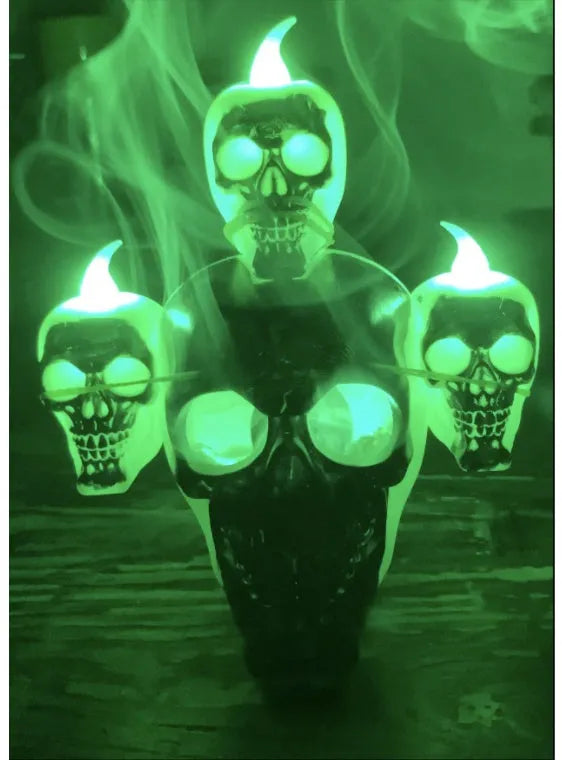 Halloween skull ornament with LED candle light in gold or silver, 14 x 12 x 9cm, flameless indoor decoration