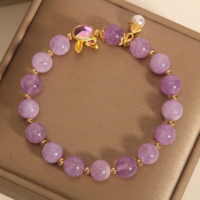 Mori style crystal bracelet with purplish red jade hare head design