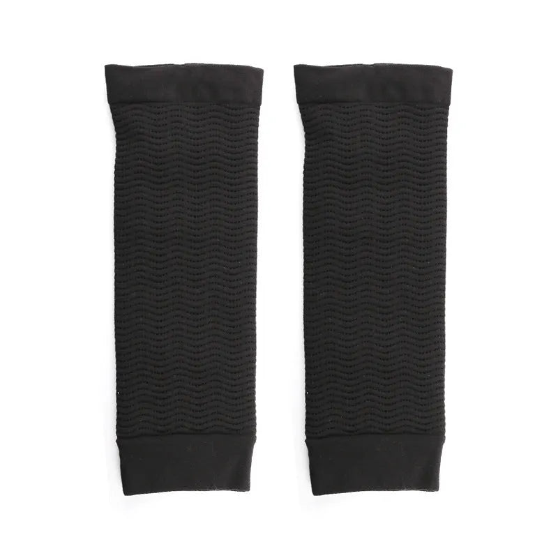 Women's black nylon shaping arm sleeve with elastic free-size fit for upper arm coverage