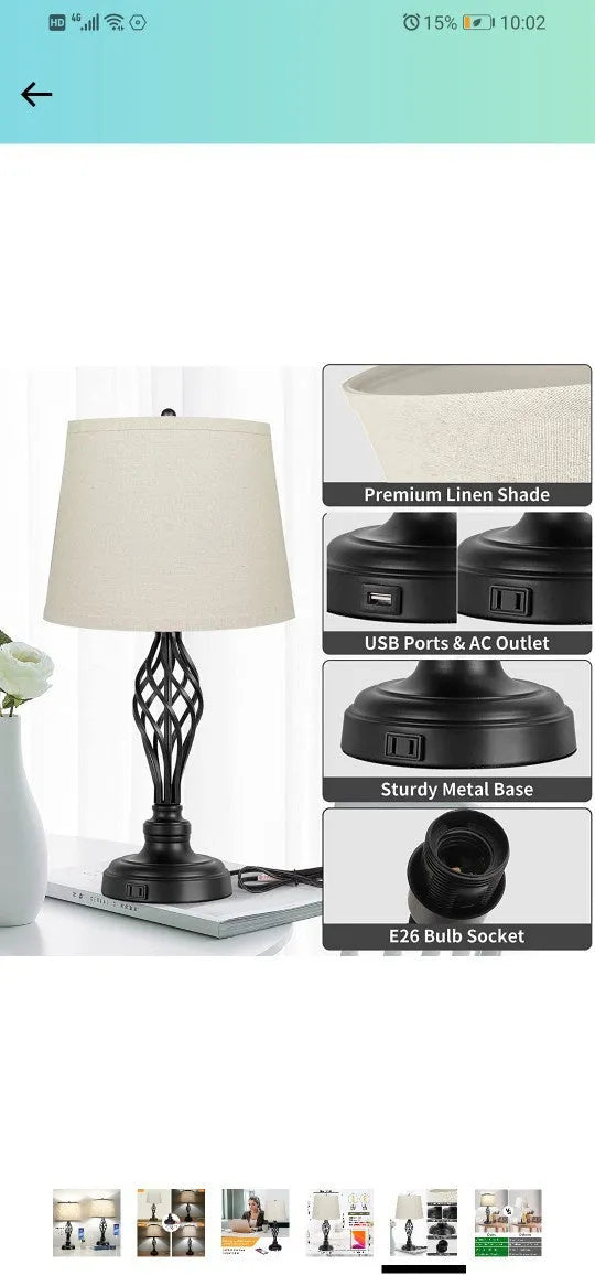 Contemporary European style bedside table lamp with touch controls and USB charging socket