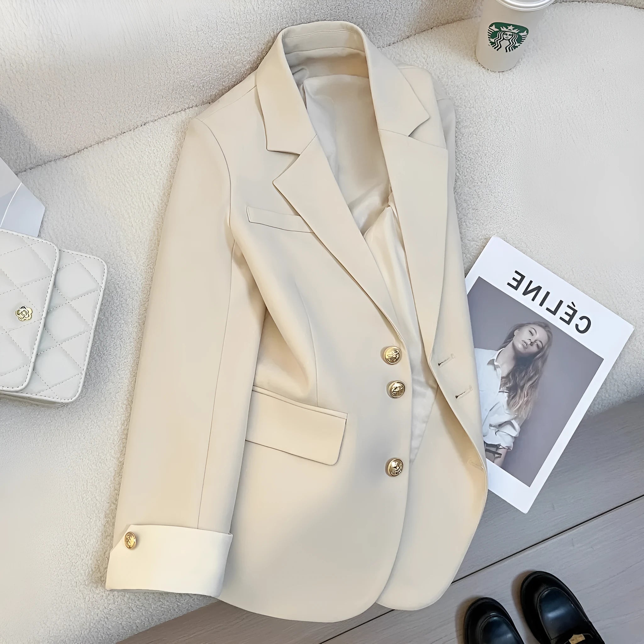 Korean-style women's coat in milky white with loose fit and pockets