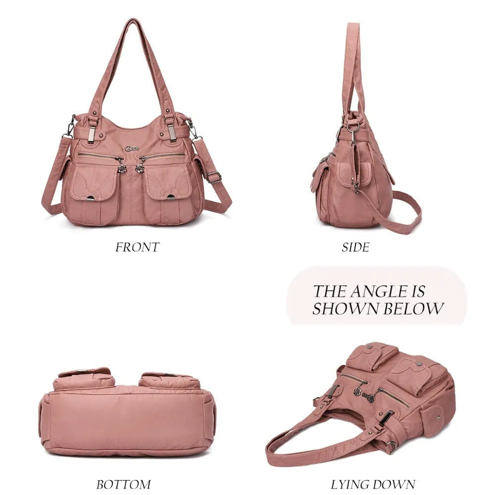 Fashion ladies soft PU leather messenger bag with zipper pocket crossbody casual tote in horizontal square shape