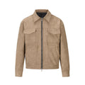 A man's slim-fit jacket in camel colour with a thickened zipper and large side pockets.