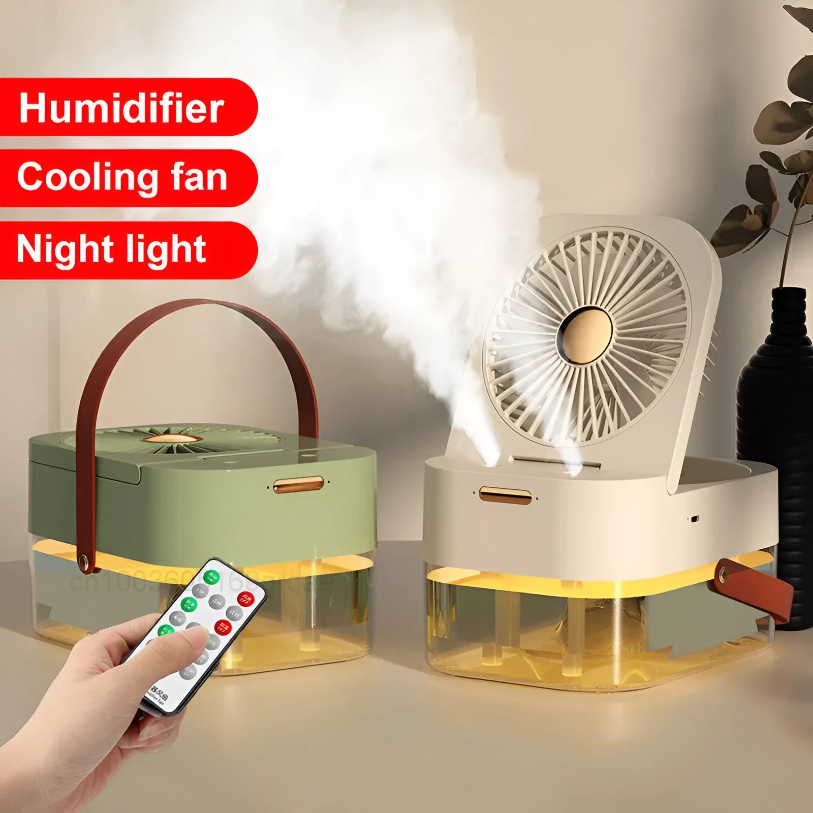 USB-powered desktop humidifier and cooling fan with remote control in green or white colour