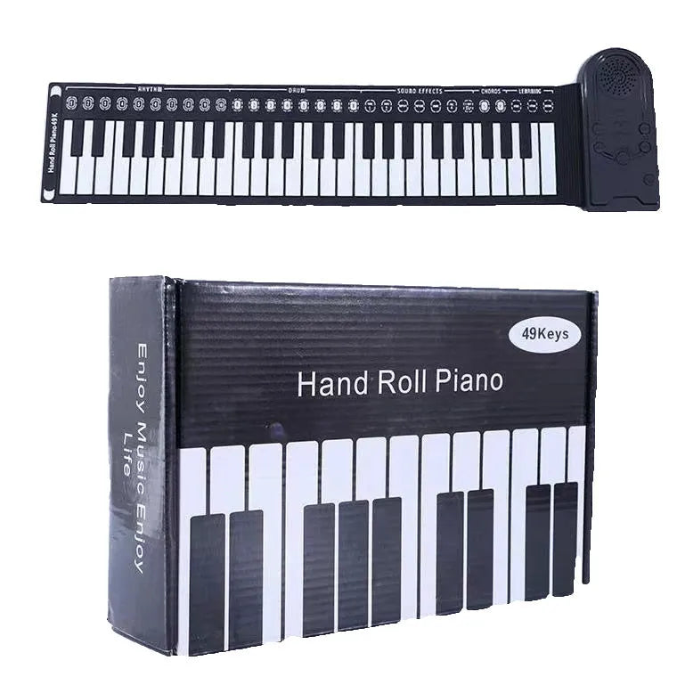 Pearl white portable folding electronic keyboard with 49 silicone keys and a built-in speaker, shown folded and unfolded.